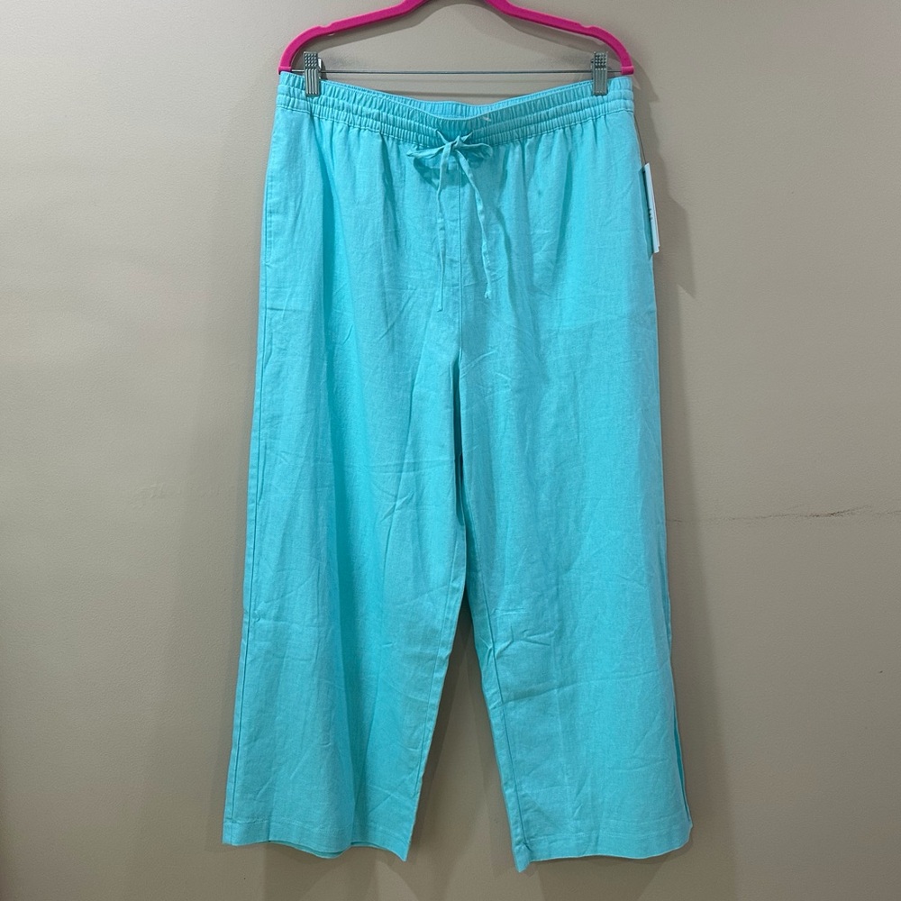 DKNY Linen Drawstring Pants Pull On Wide Leg Aqua Womens L Coastal Beach NWT